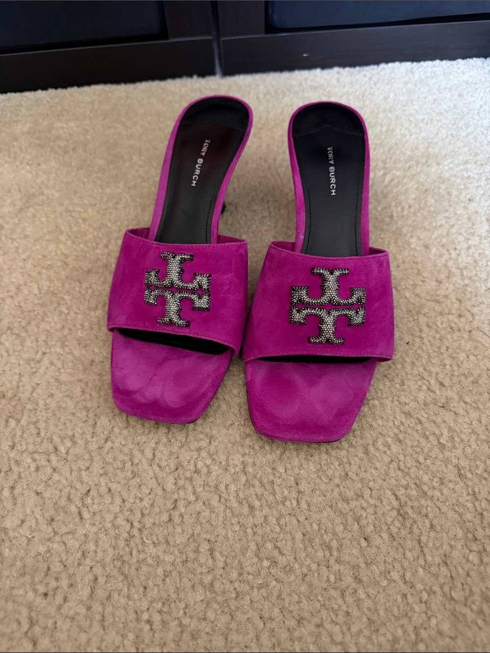 Tory Burch Bright Fuchsia Suede Logo Slide Mules